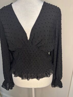 Black Swiss Dot Smocked-Waist Blouse